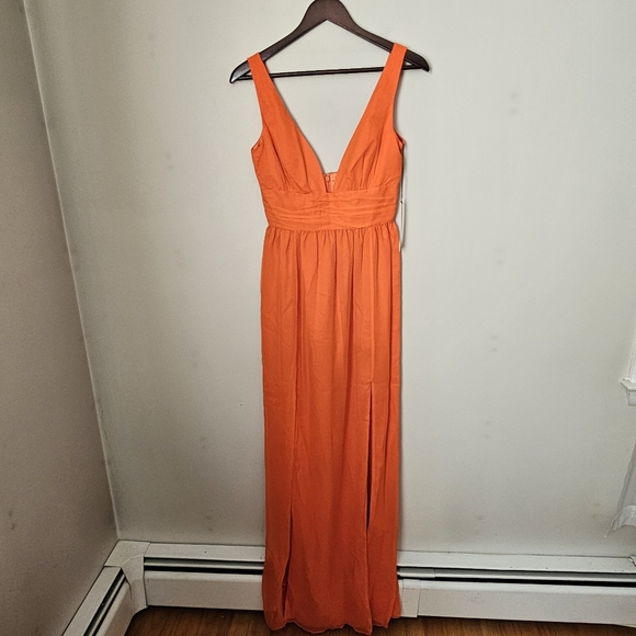 JAYGODFREY Gown Orange V-Neck Maxi Dress Silk Sleeveless Formal Womens 4 Fall - Picture 1 of 9